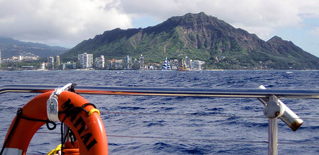 View of Diamond Head and Waikiki from aboard the catamaran